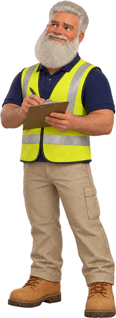Illustration of the Gaffa writing on a clipboard while valuing a machine