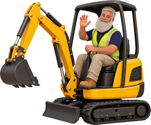 Illustration of the Gaffa waving from the seat of a yellow mini digger