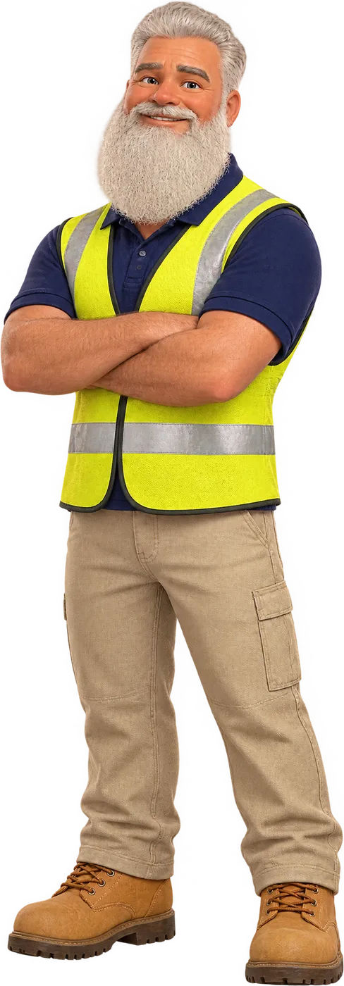 Illustration of the Gaffa, founder of iMachinery, in a hi-vis vest with his arms folded