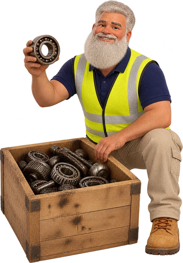 Illustration of the Gaffa crouching by a crate of machine parts, holding up a bearing