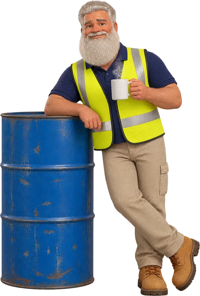 Illustration of the Gaffa leaning on a blue oil drum with a mug of tea