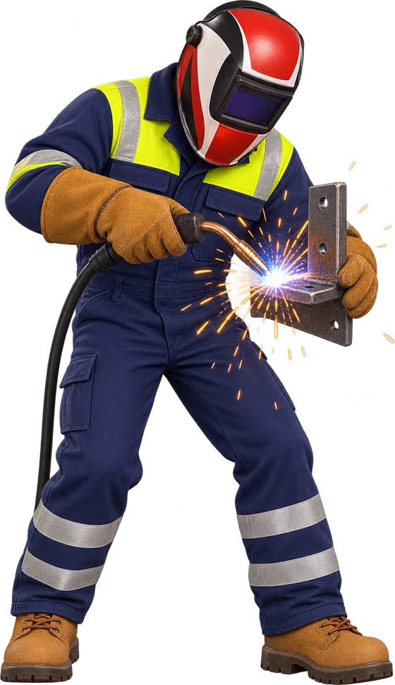 Illustrated iMachinery welder in a welding helmet, MIG welding a steel bracket